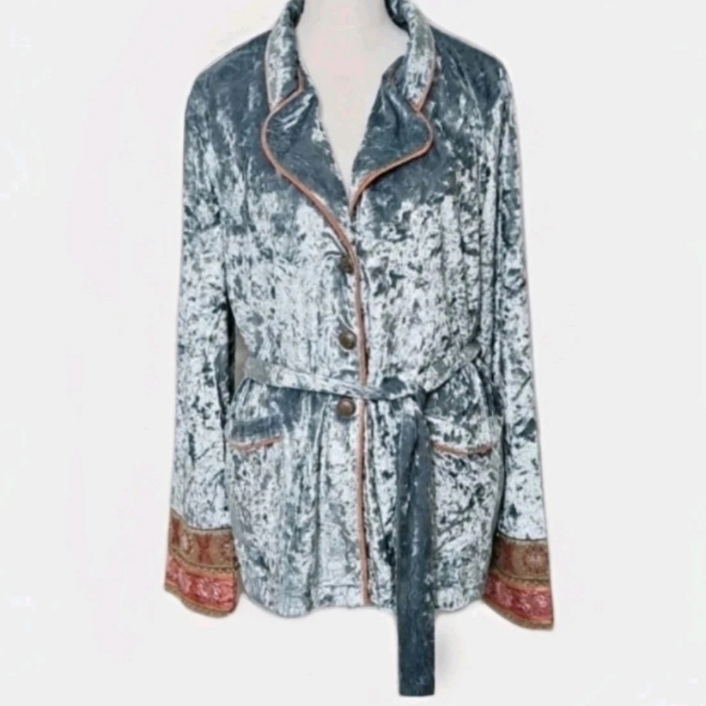Aratta Silent Journey Crushed Velvet Smoking Jacket Blue Embroidered Belted S - Picture 2 of 12